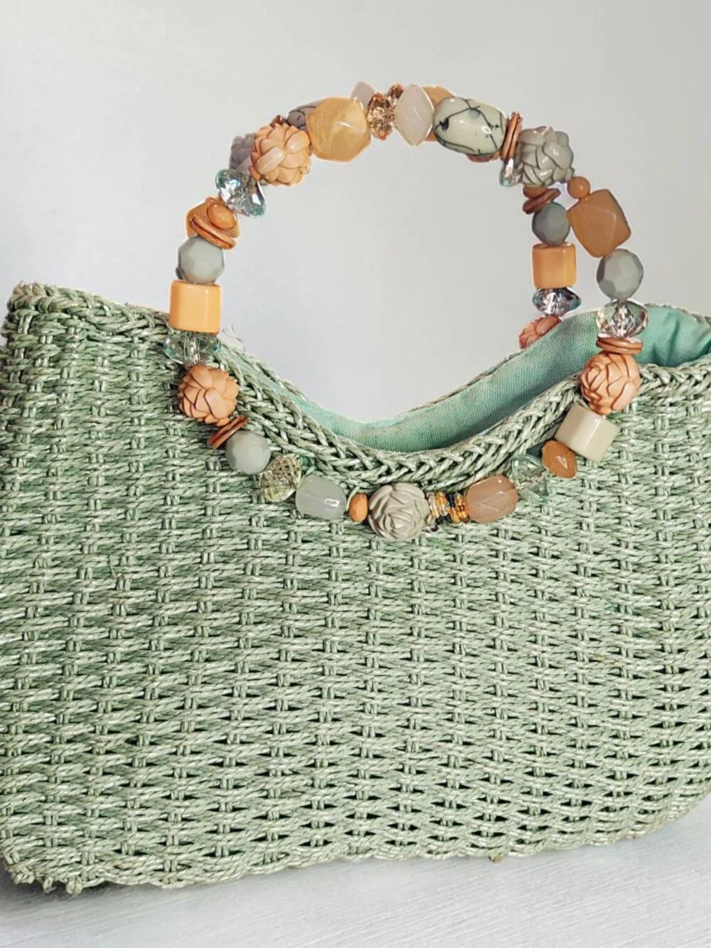 Cappelli Straworld Seafoam Green Straw Woven Handbag Beaded Handle Tote Purse - Picture 2 of 3